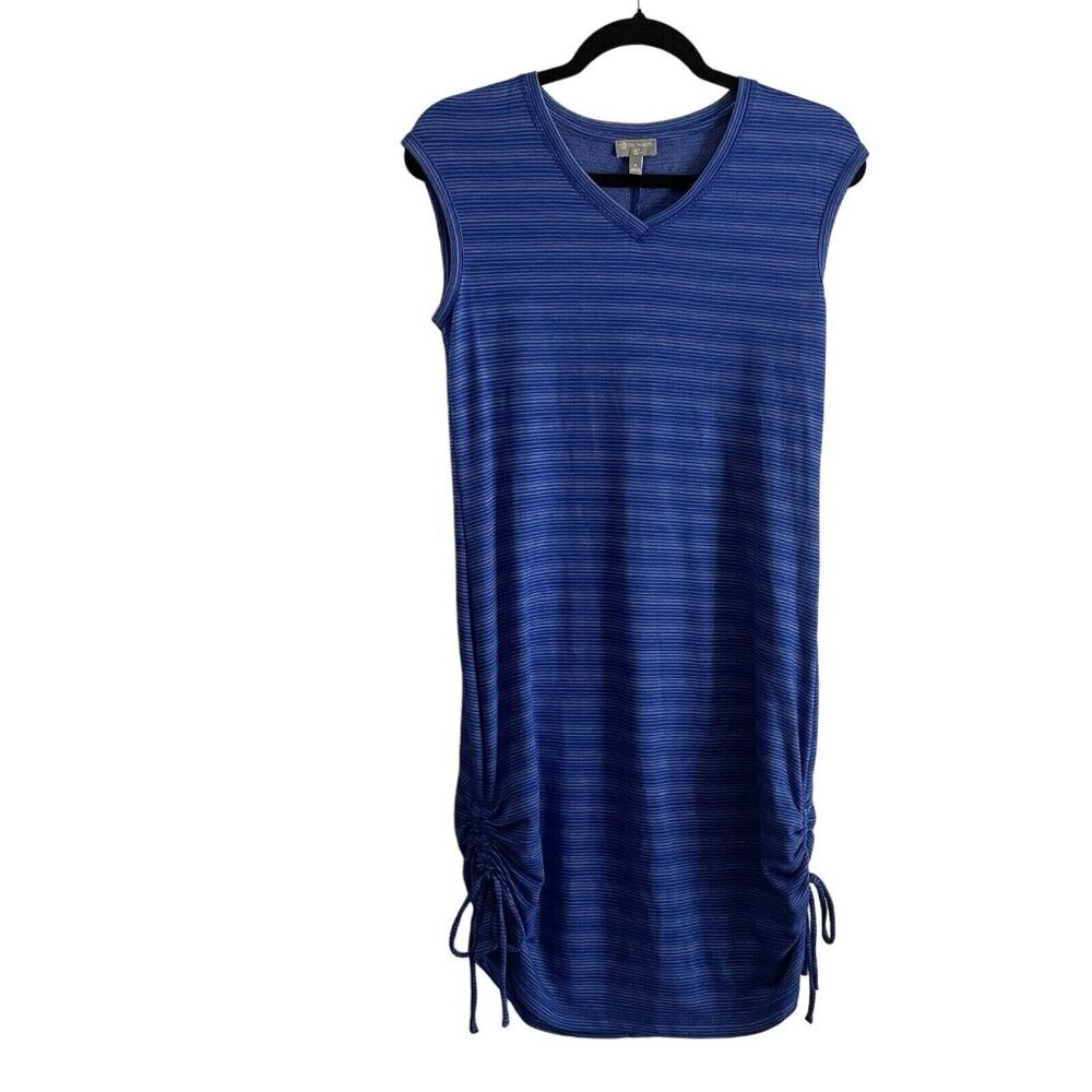 T By Talbots Women S Blue Striped Sleeveless UPF 50+ Tie Side Hem Casual Dress